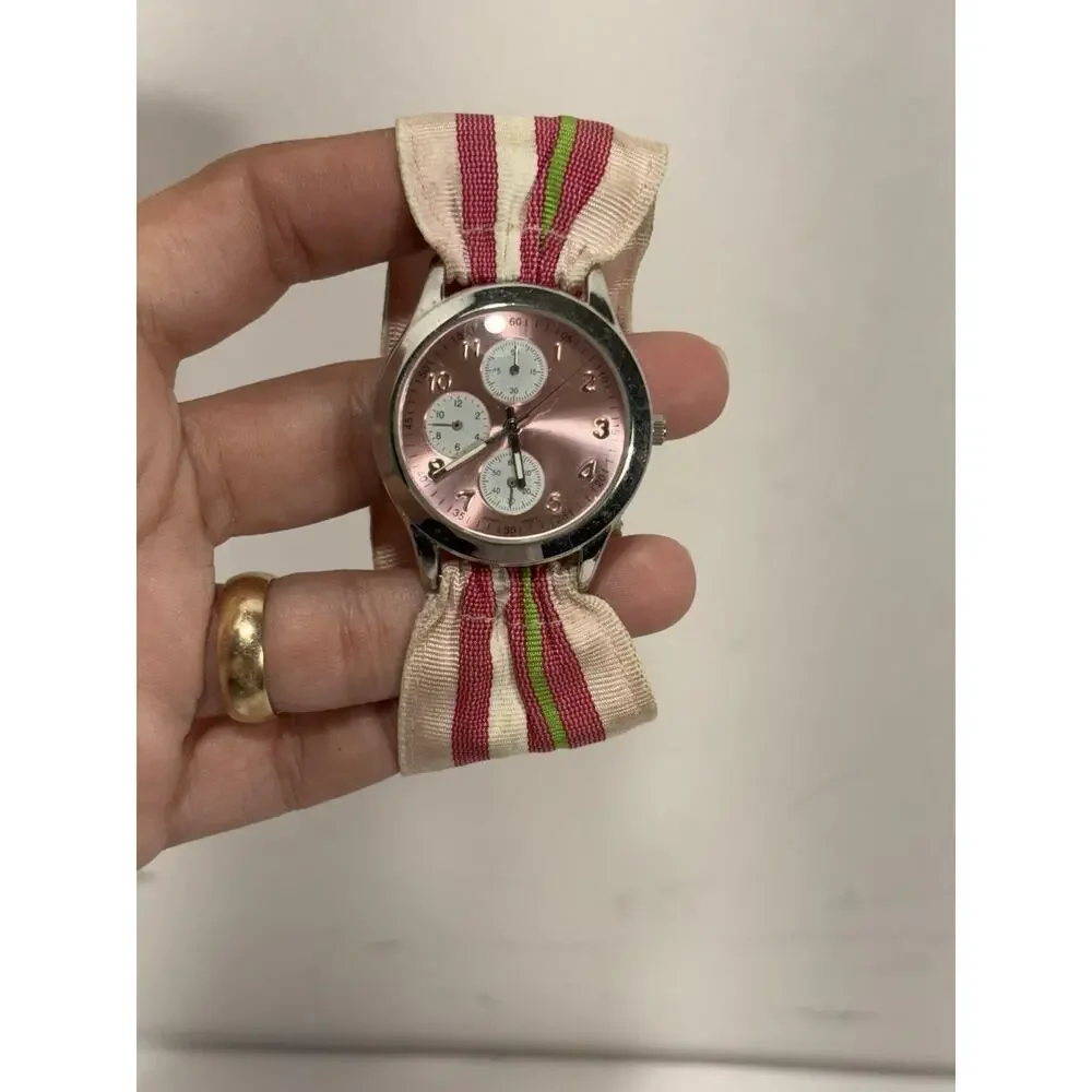 Rachel Weissman Quartz Watch With Faux Sub Dials Pink Nylon Band Needs‎ Battery